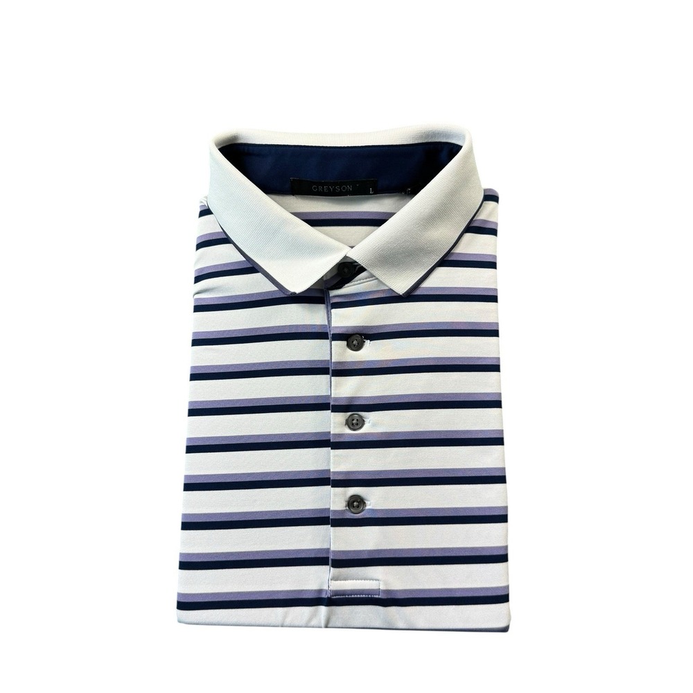 Greyson White Purple Striped Performance Men's Golf Polo Size Large